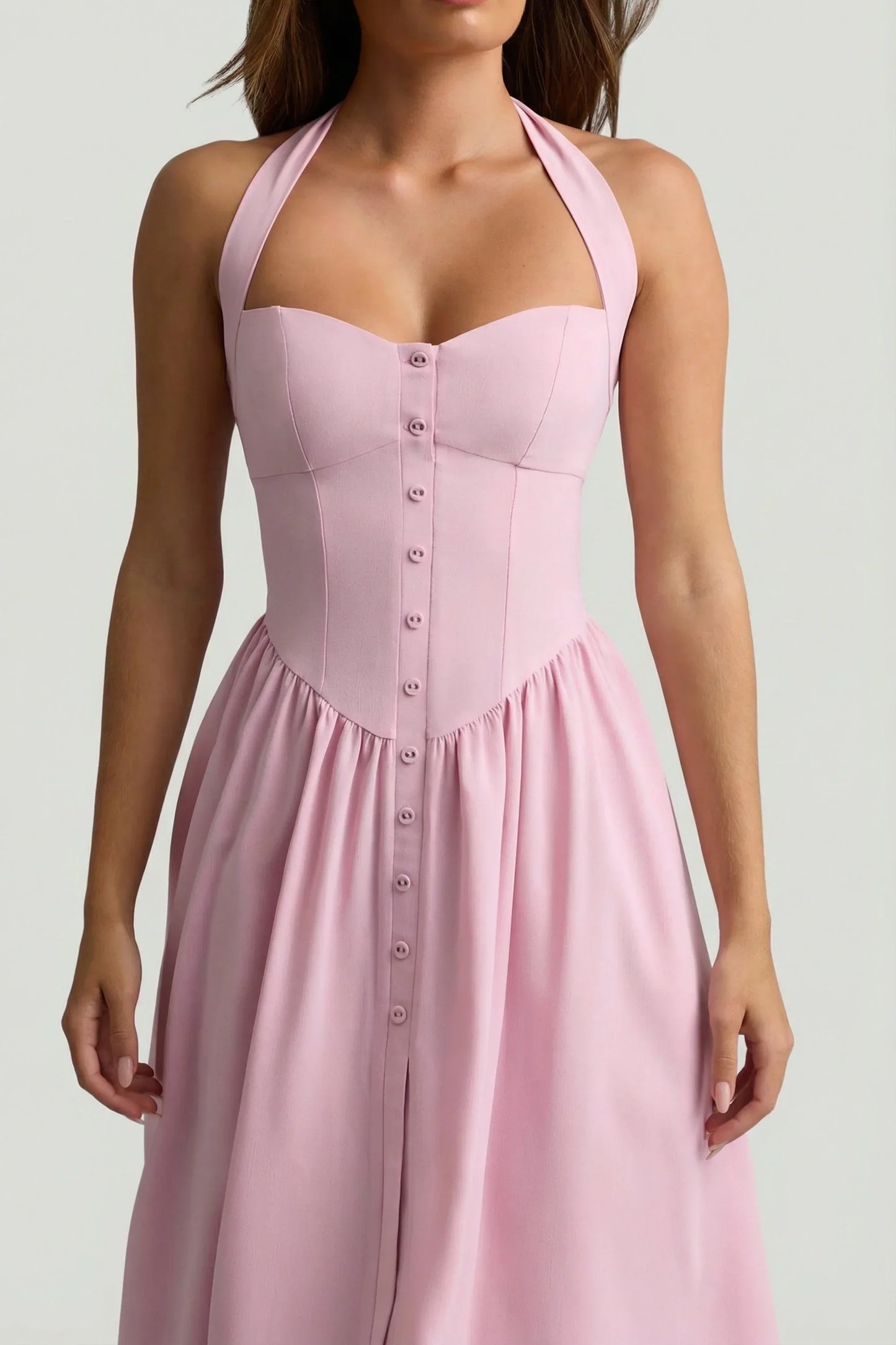Button-Detail Halterneck Midaxi Dress in Soft Pink