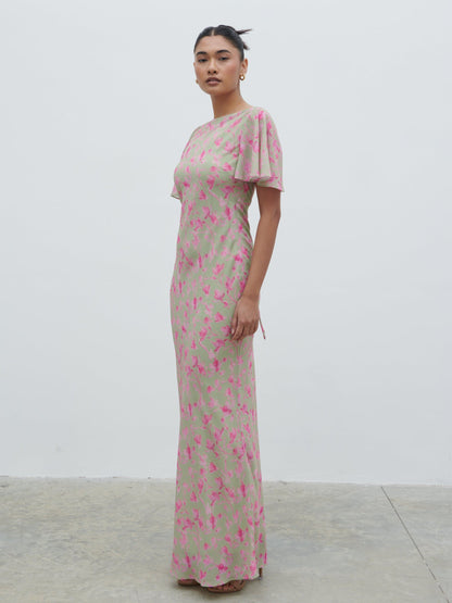 Jules Maxi Dress - Olive and Fuchsia Petal Floral