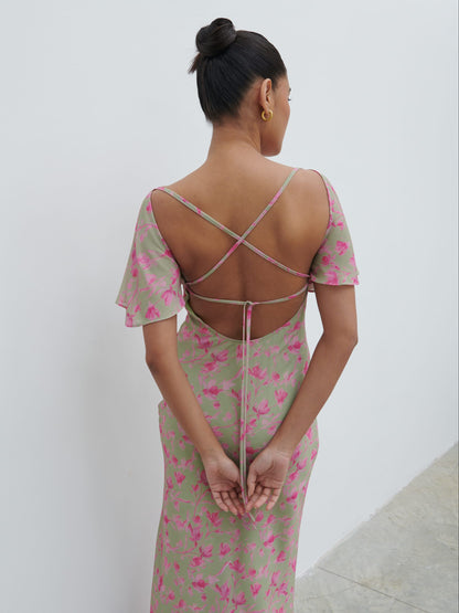 Jules Maxi Dress - Olive and Fuchsia Petal Floral